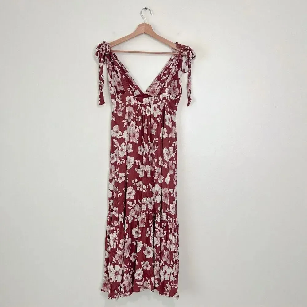 Abercrombie & Fitch Floral Maxi Tie Strap Dress Size M Brown Open Back Tiered